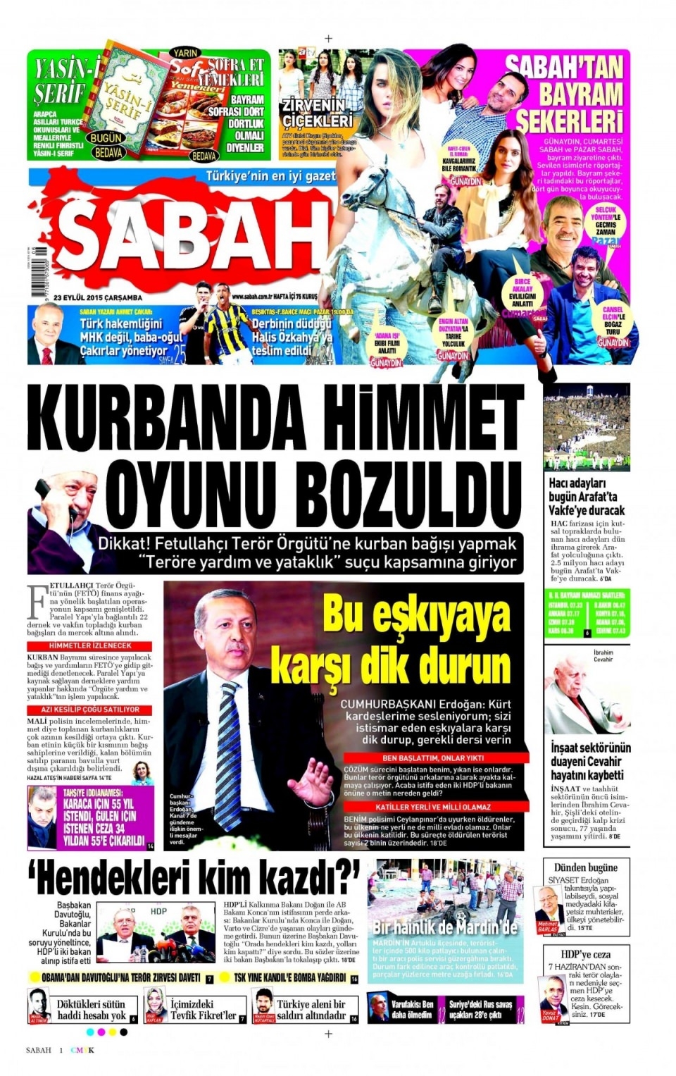 23 Eylül 2015 gazete manşetleri 2
