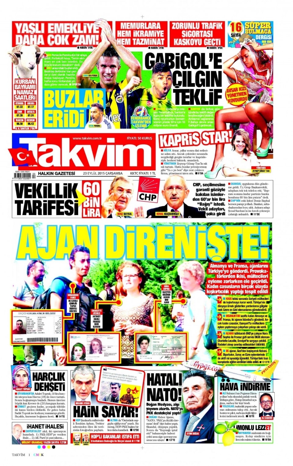 23 Eylül 2015 gazete manşetleri 7