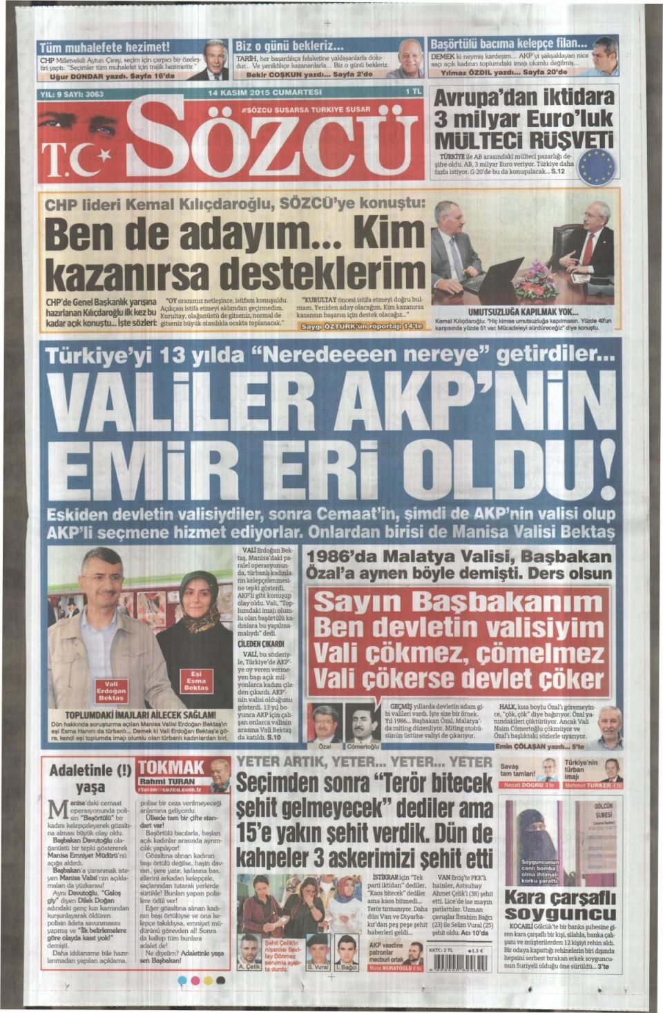 14 Kasım 2015 gazete manşetleri 11