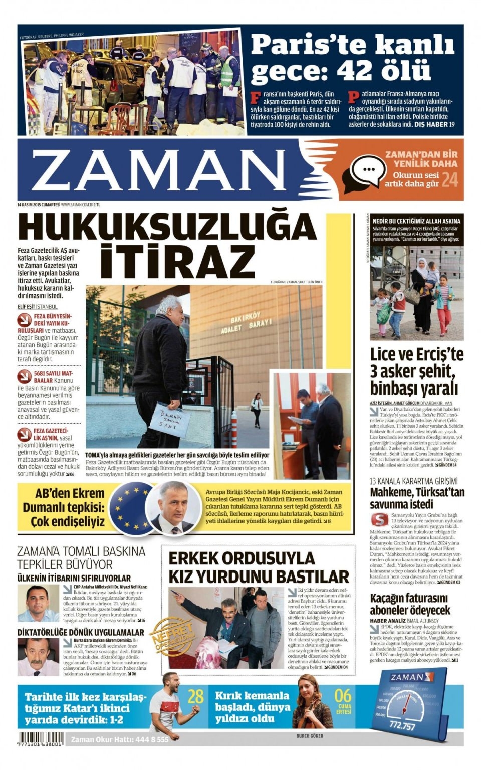 14 Kasım 2015 gazete manşetleri 14