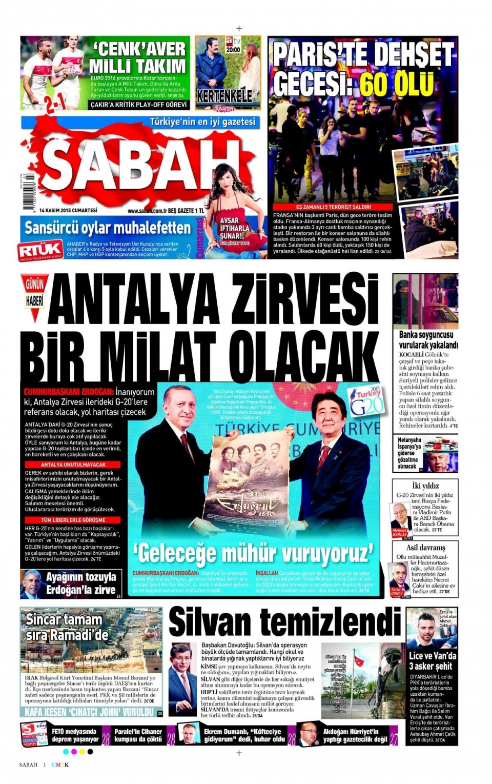 14 Kasım 2015 gazete manşetleri 2
