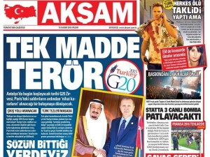 15 Kasım 2015 gazete manşetleri