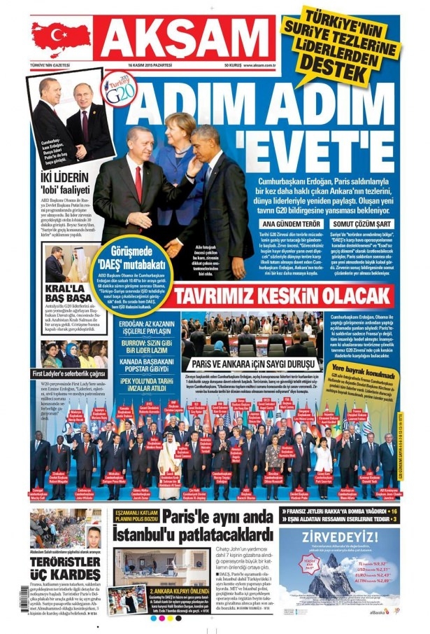 16 Kasım 2015 gazete manşetleri 1