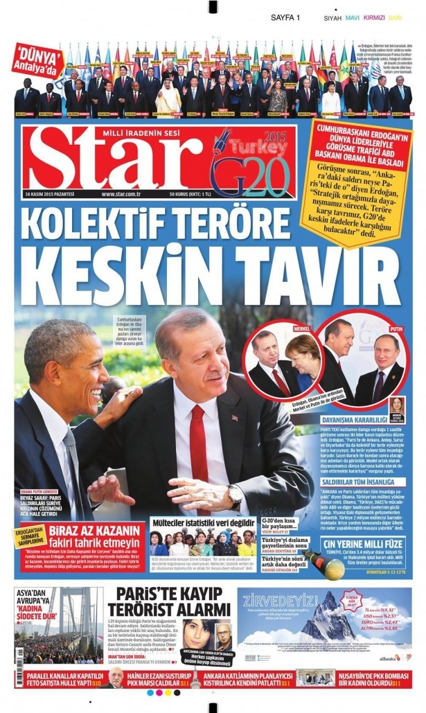16 Kasım 2015 gazete manşetleri 16
