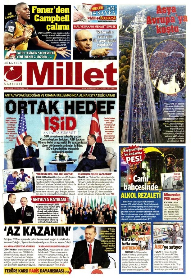 16 Kasım 2015 gazete manşetleri 8