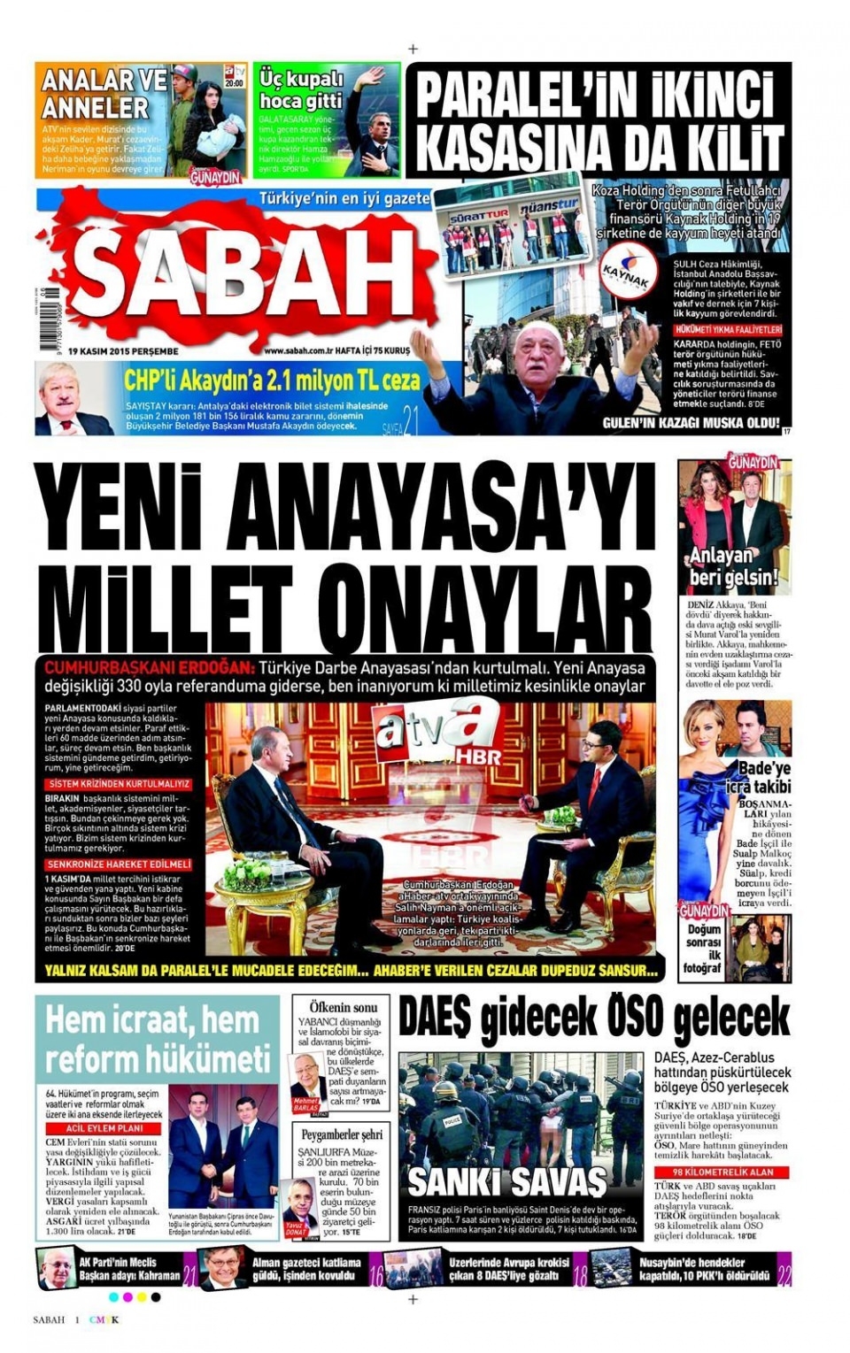 19 Kasım 2015 gazete manşetleri 16