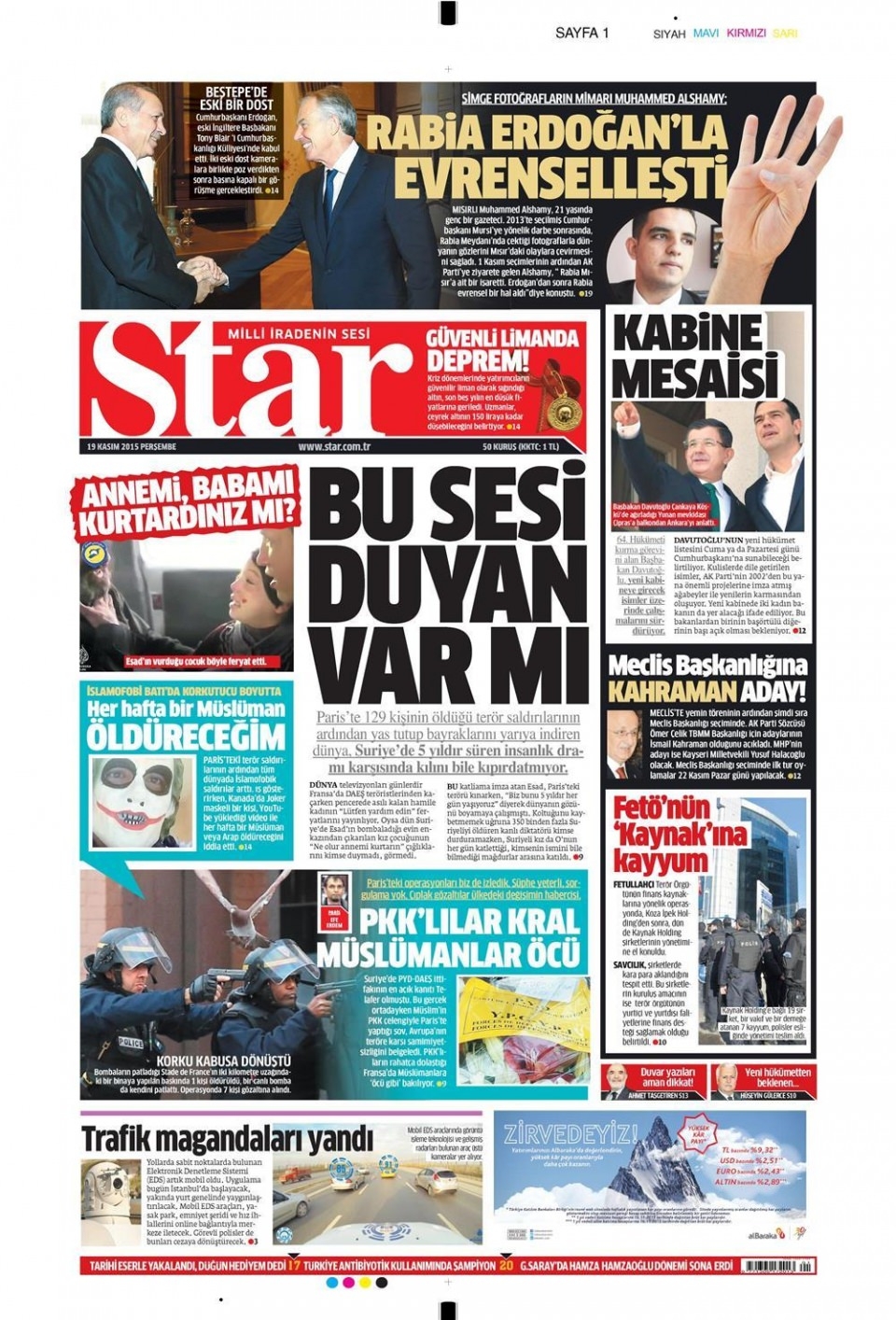 19 Kasım 2015 gazete manşetleri 19