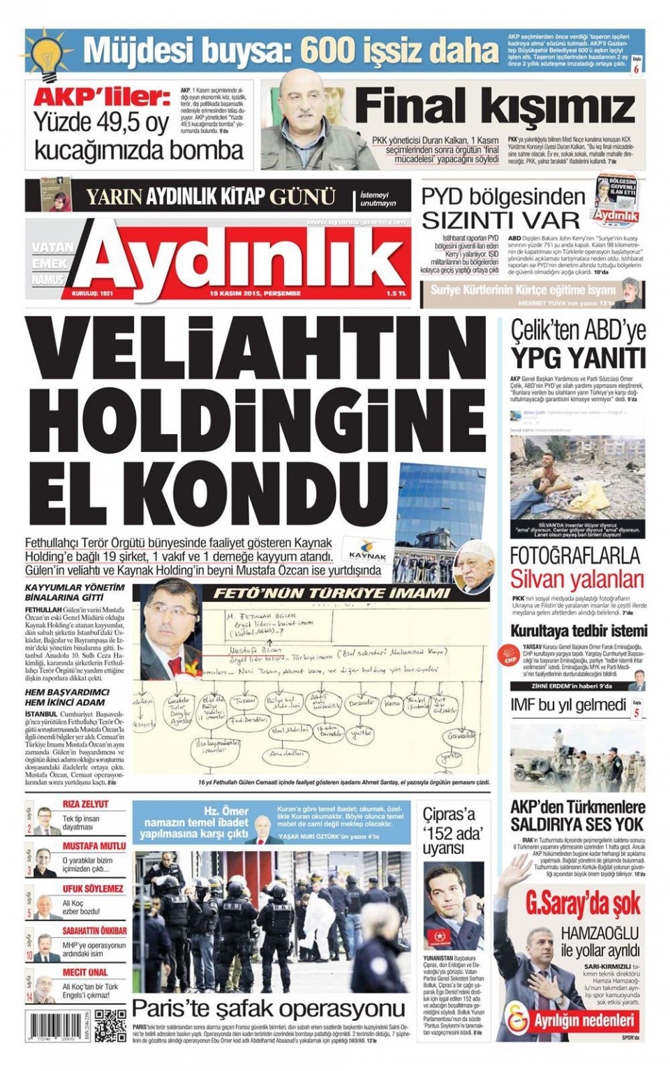 19 Kasım 2015 gazete manşetleri 2