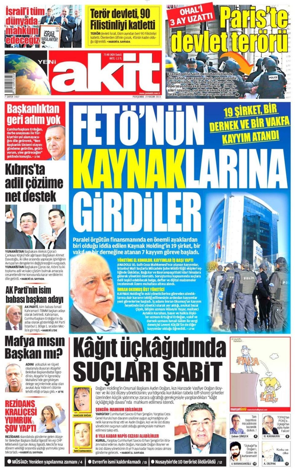 19 Kasım 2015 gazete manşetleri 24