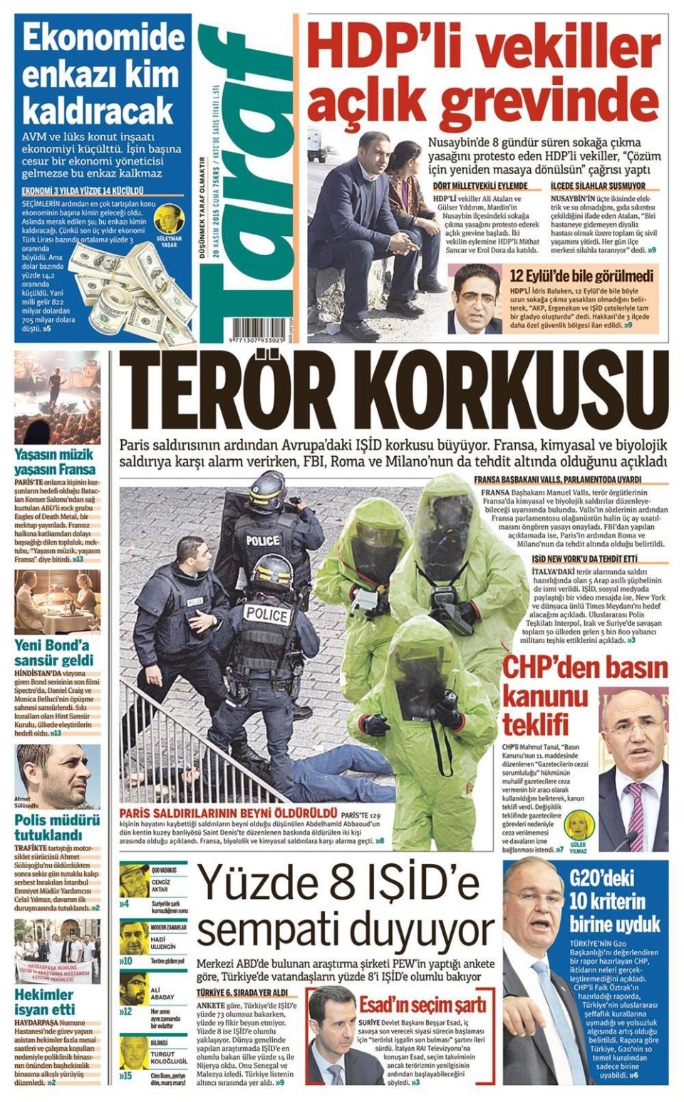 20 Kasım 2015 gazete manşetleri 20