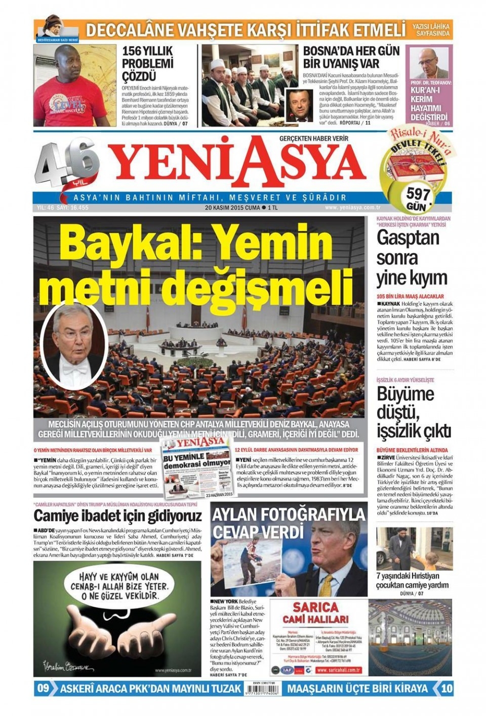 20 Kasım 2015 gazete manşetleri 25