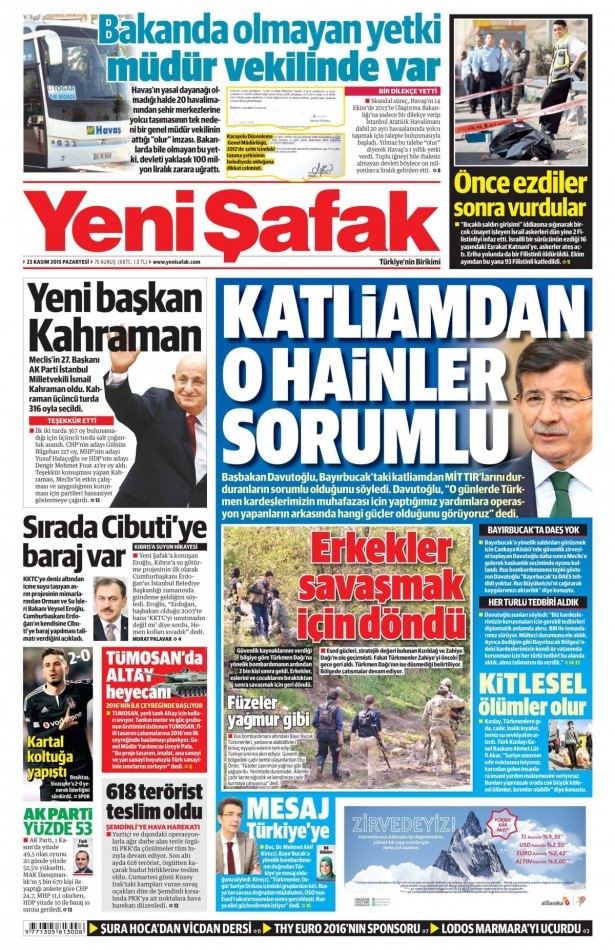 23 Kasım 2015 gazete manşetleri 1