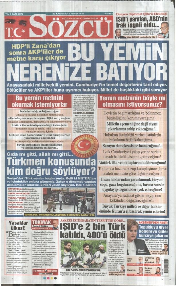 23 Kasım 2015 gazete manşetleri 12