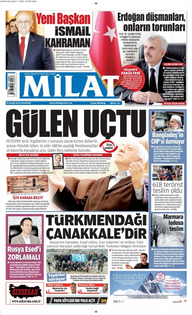 23 Kasım 2015 gazete manşetleri 15