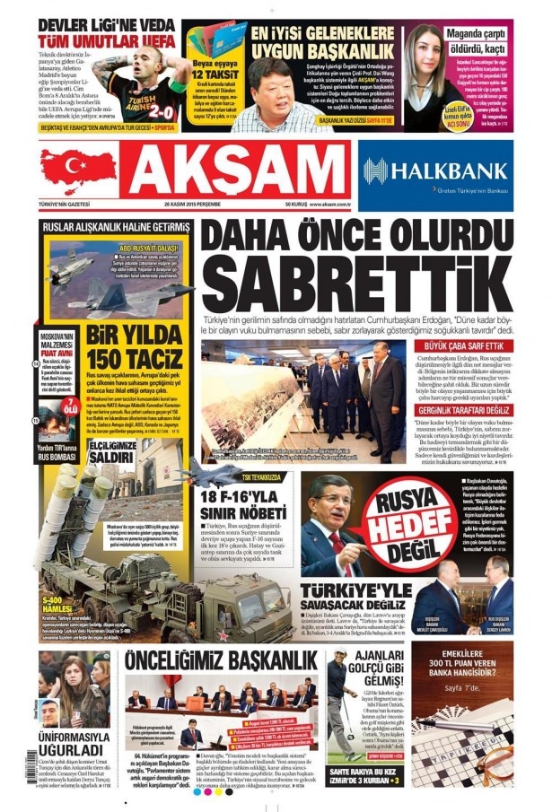 26 Kasım 2015 gazete manşetleri 1