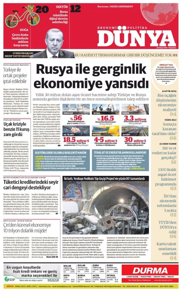 26 Kasım 2015 gazete manşetleri 26