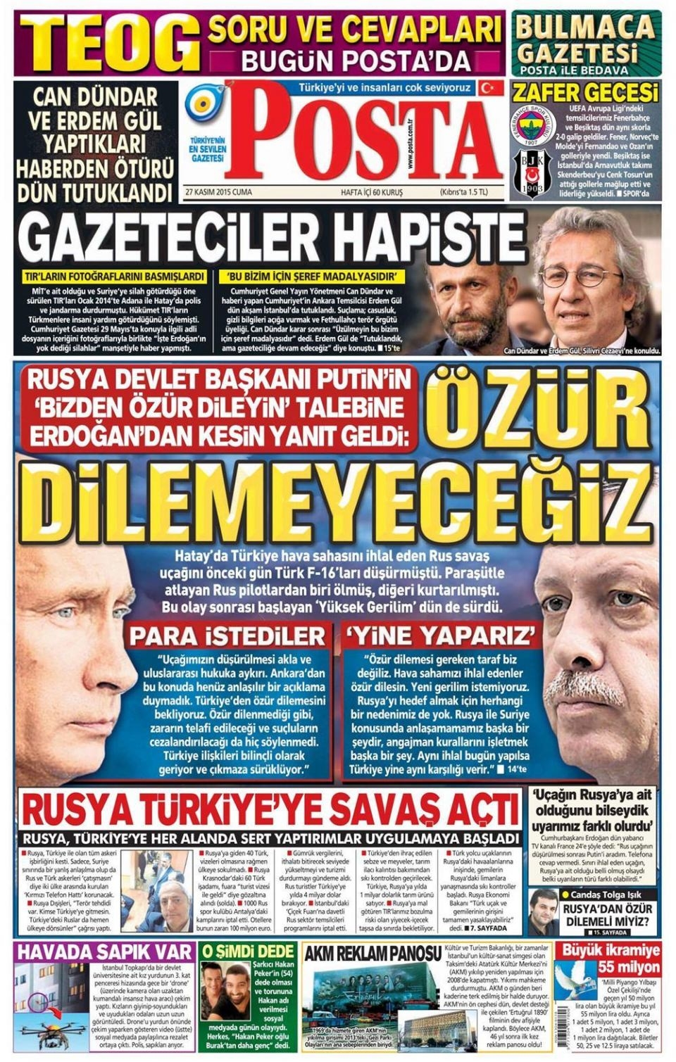 27 Kasım 2015 gazete manşetleri 13