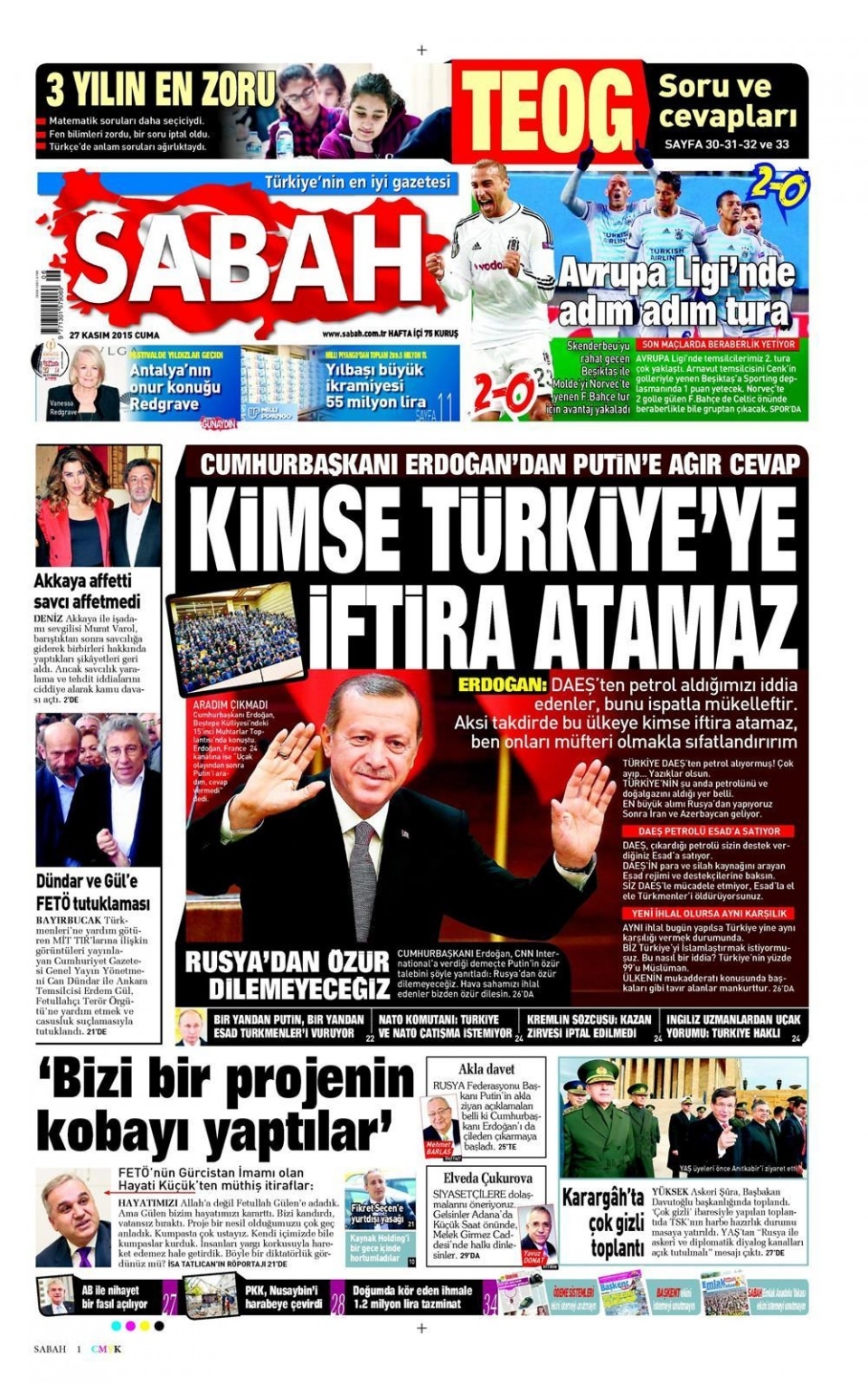 27 Kasım 2015 gazete manşetleri 14