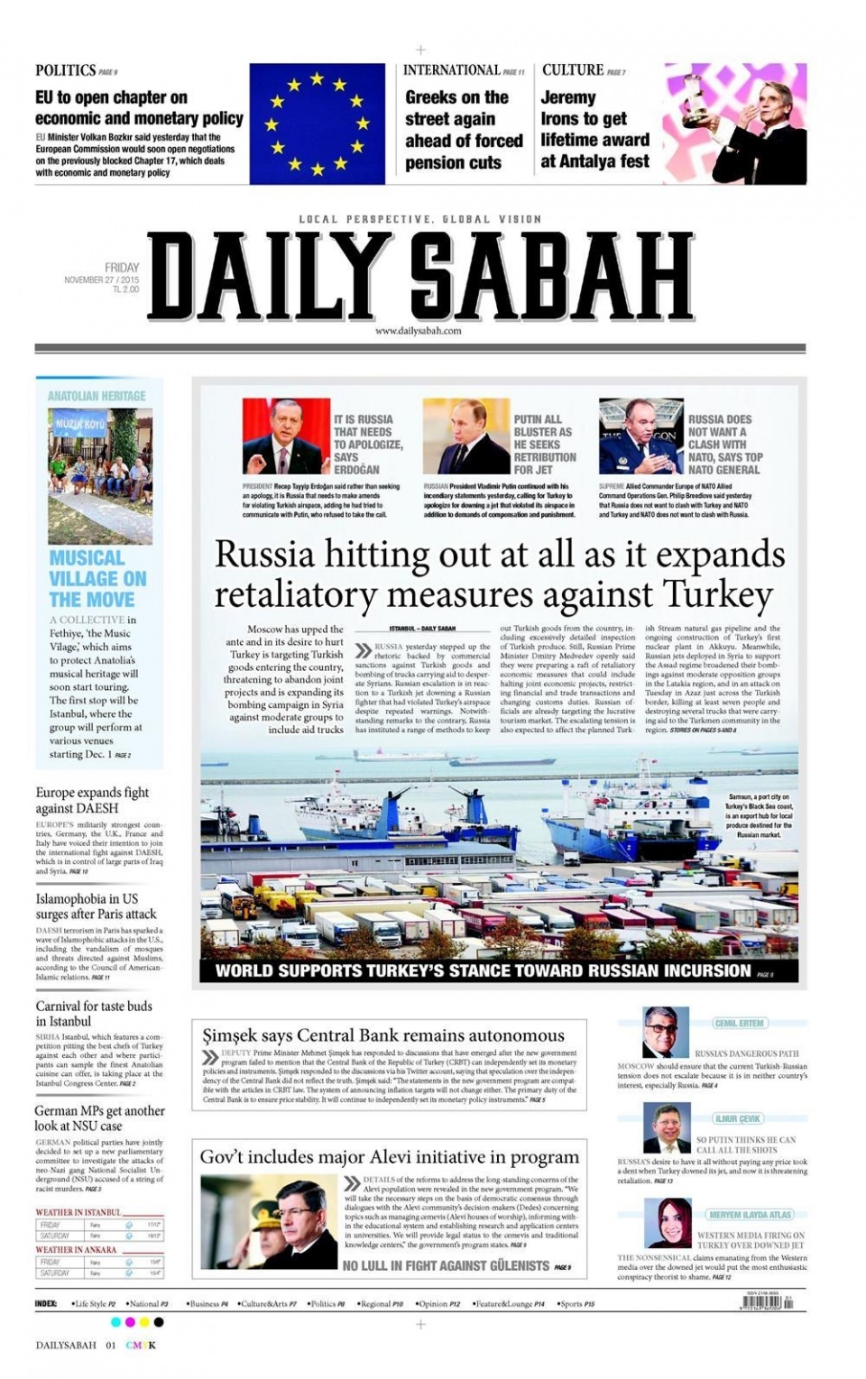 27 Kasım 2015 gazete manşetleri 15
