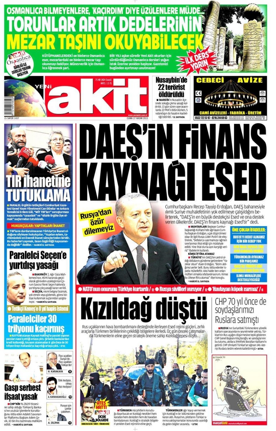 27 Kasım 2015 gazete manşetleri 22