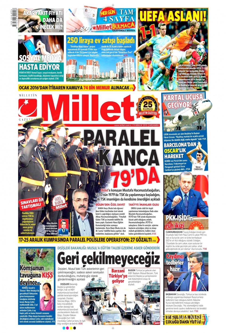 9 Aralık 2015 gazete manşetleri 9