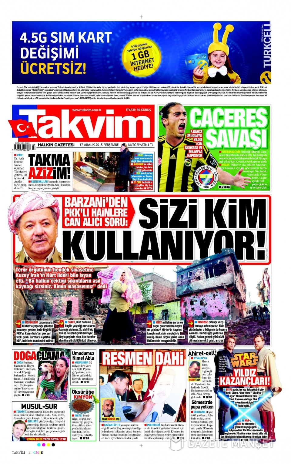 17 Aralık 2015 gazete manşetleri 17