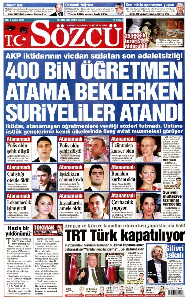 18 Aralık 2015 gazete manşetleri 19