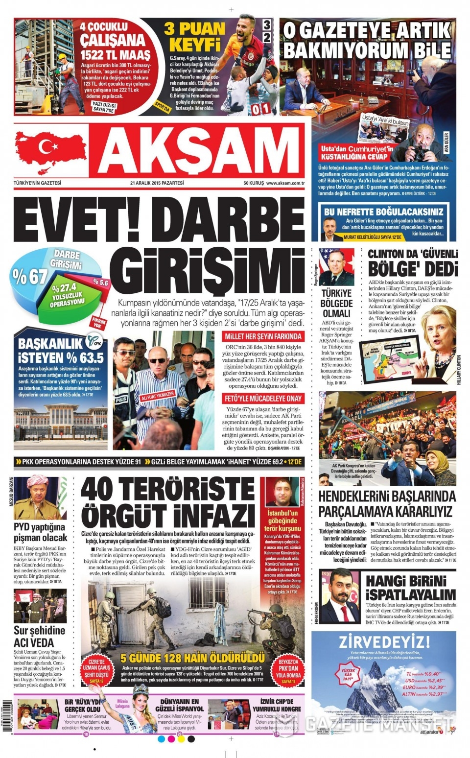 21 Aralık 2015 gazete manşetleri 1