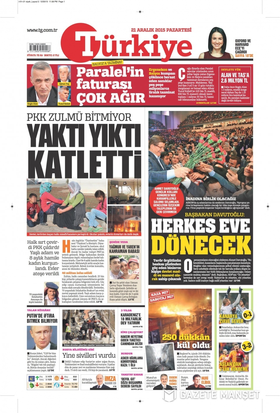 21 Aralık 2015 gazete manşetleri 18