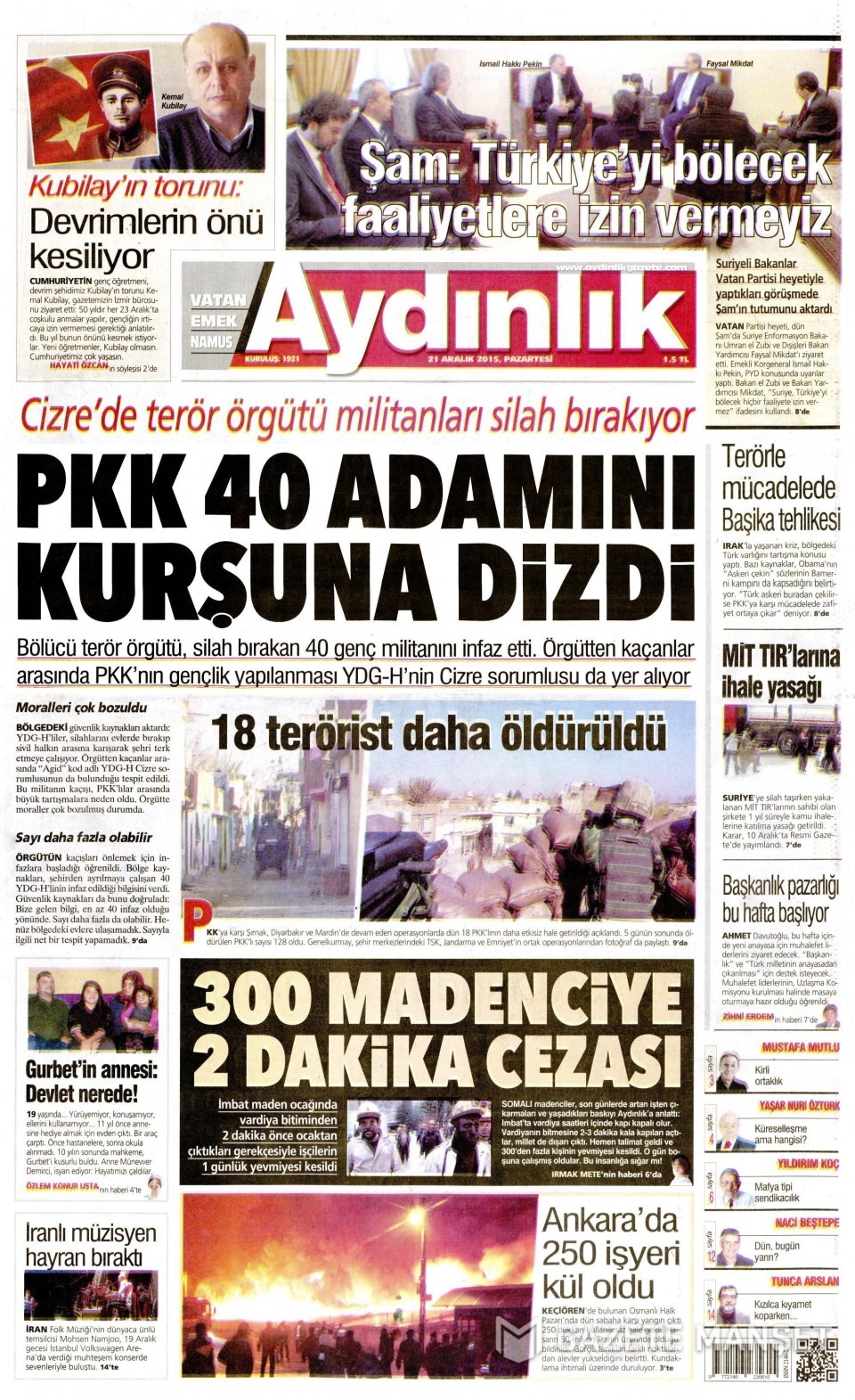 21 Aralık 2015 gazete manşetleri 2