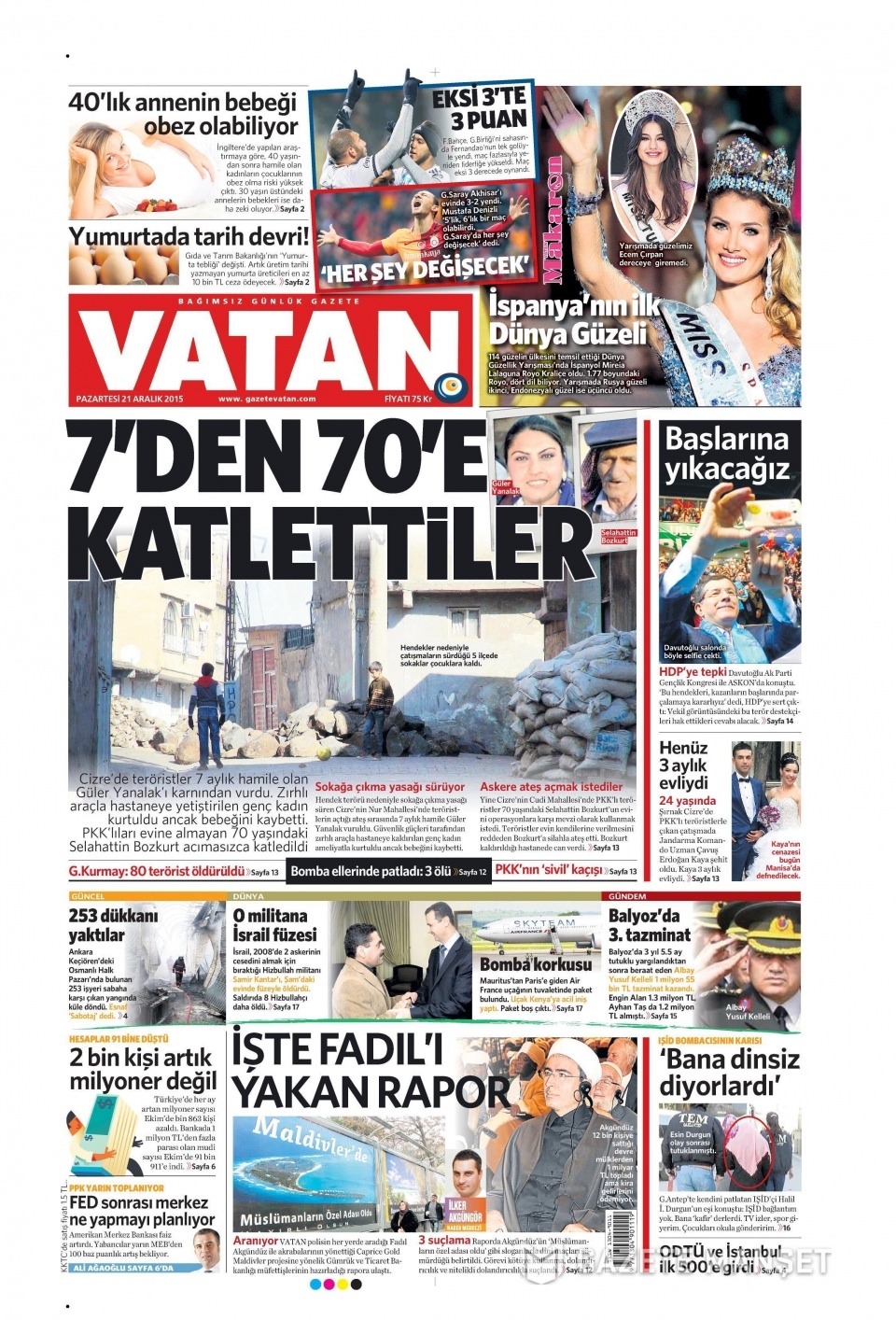 21 Aralık 2015 gazete manşetleri 21