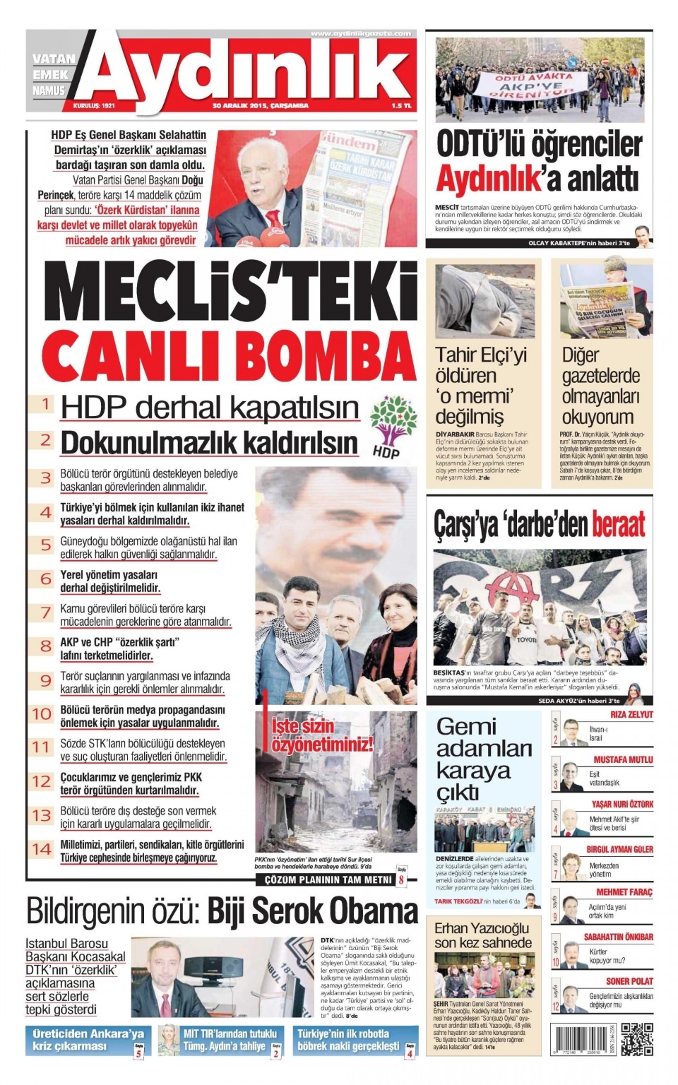 30 Aralık 2015 gazete manşetleri 3