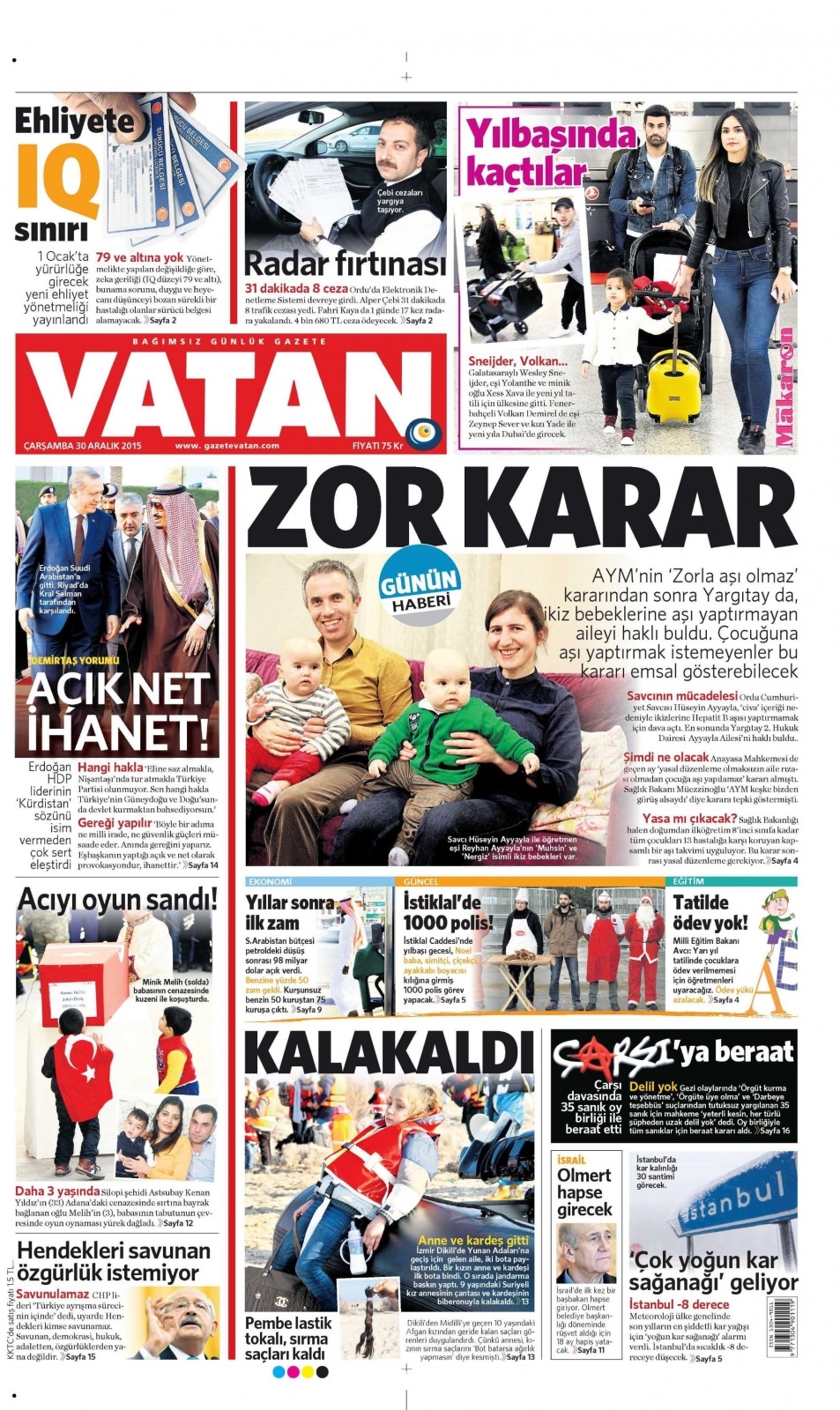 30 Aralık 2015 gazete manşetleri 30