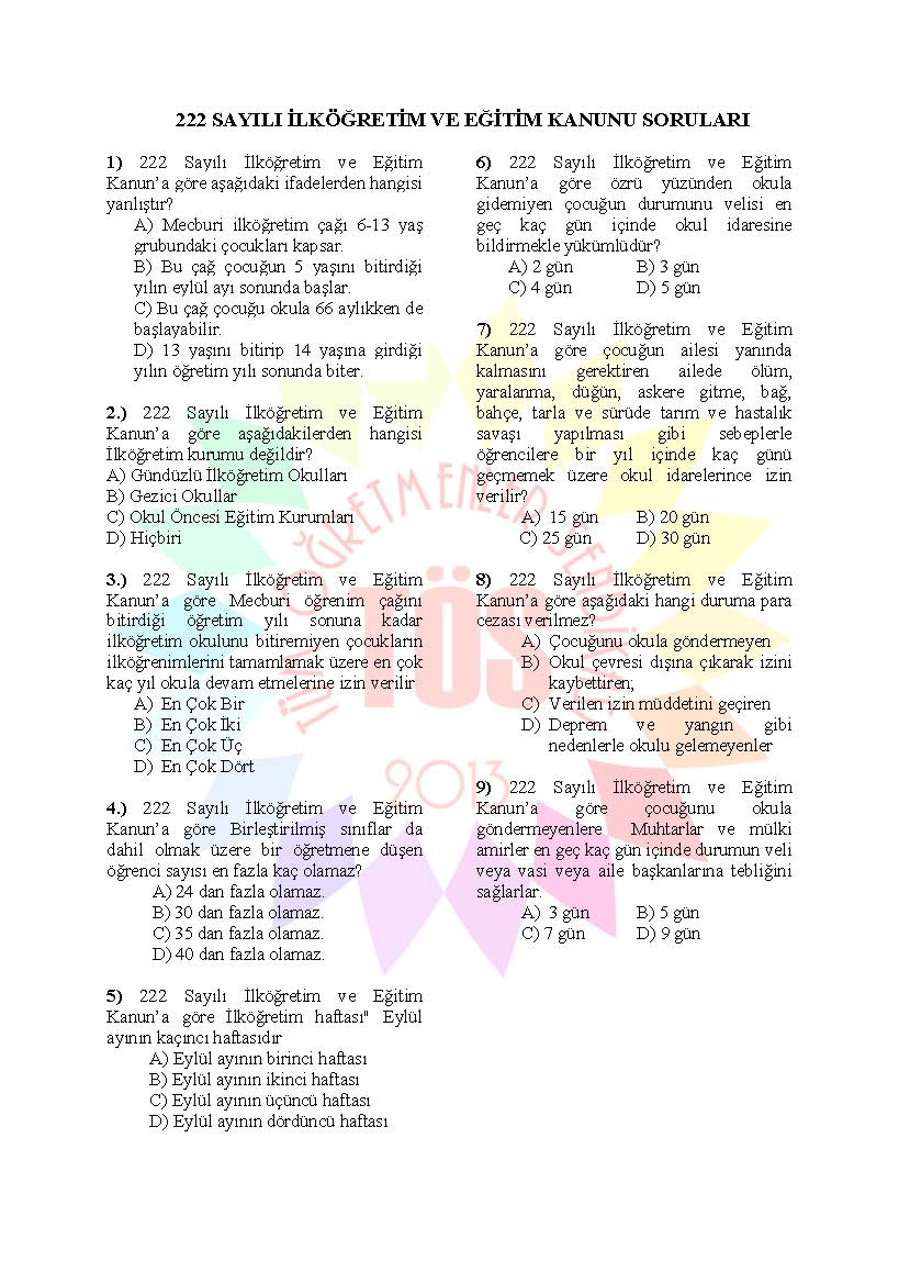 Müdür Yardımcılığı Sınavı Soru Bankası - 222 sayılı kanun 1