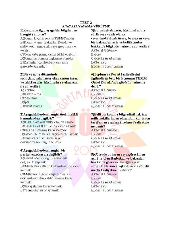 Müdür Yardımcılığı Sınavı Soru Bankası Anayasa 2 1
