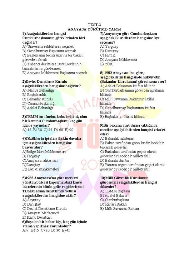 Müdür Yardımcılığı Sınavı Soru Bankası Anayasa 3 1
