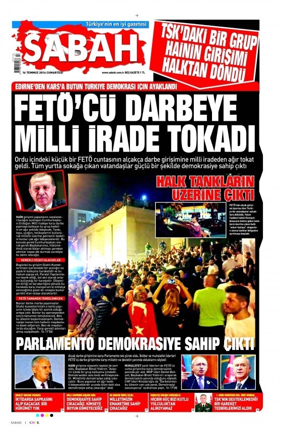 16 Temmuz 2016 gazete manşetleri 1
