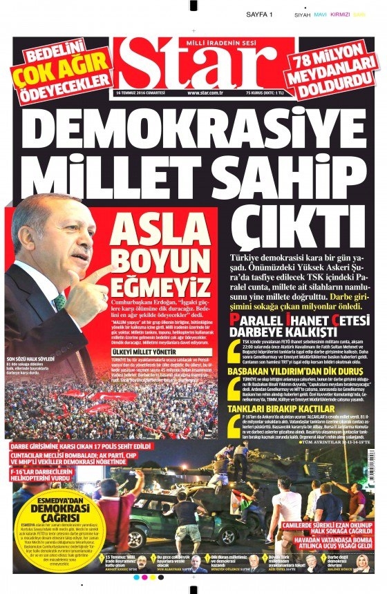 16 Temmuz 2016 gazete manşetleri 2