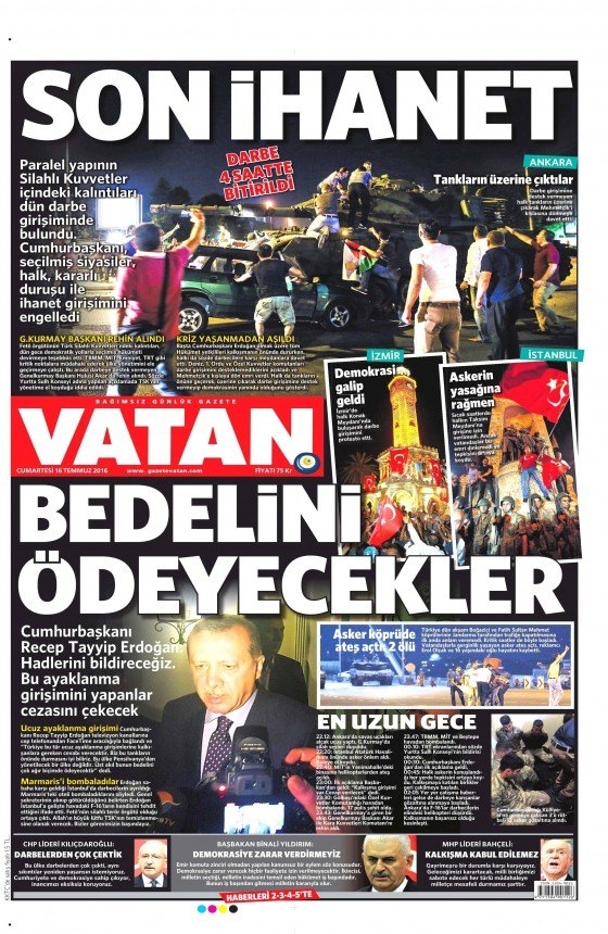 16 Temmuz 2016 gazete manşetleri 9