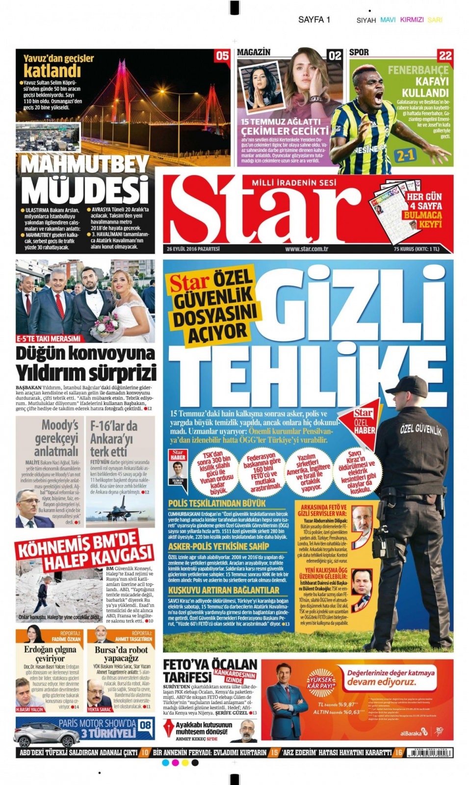 26 Eylül Pazartesi gazete manşetleri 1