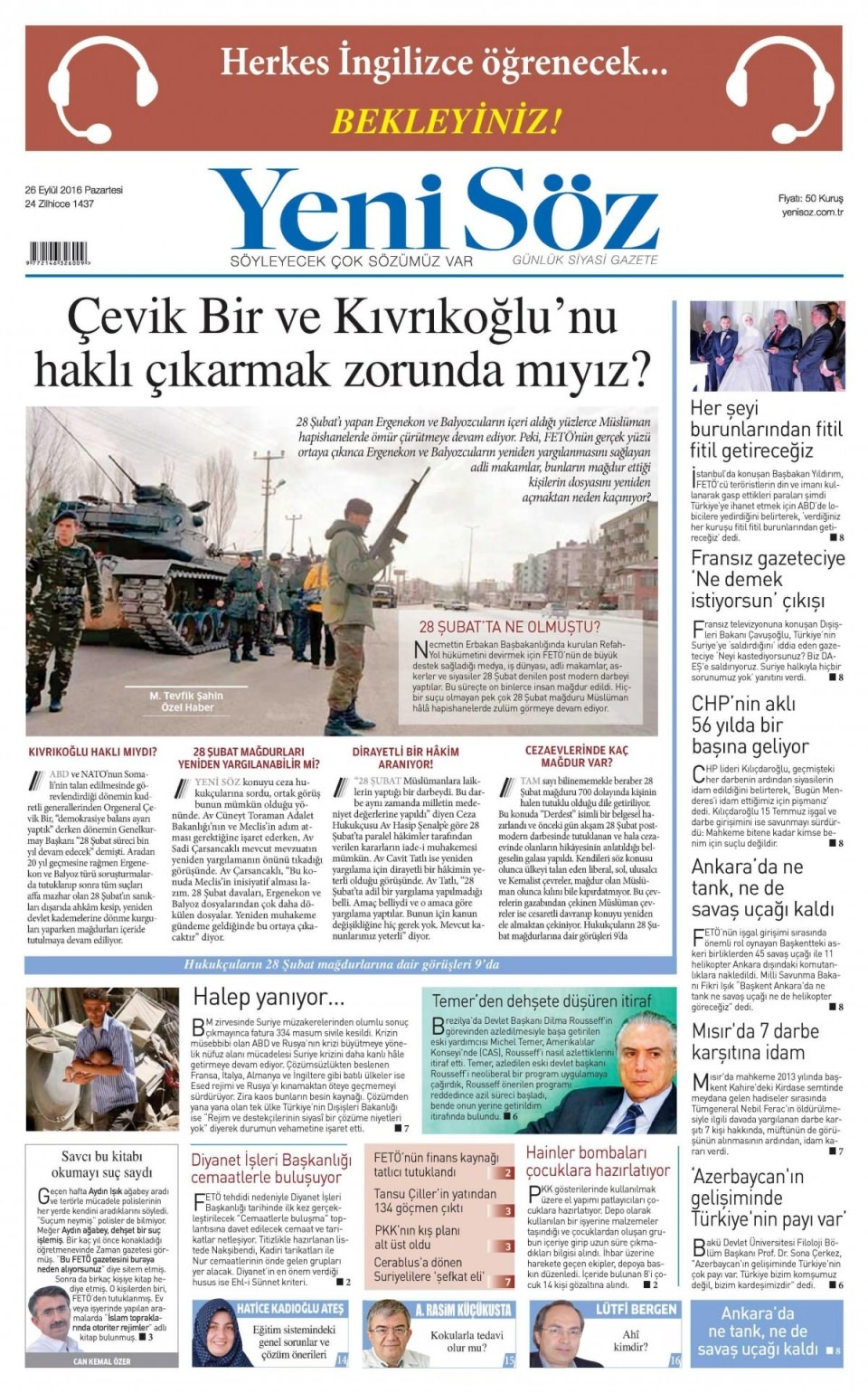 26 Eylül Pazartesi gazete manşetleri 21