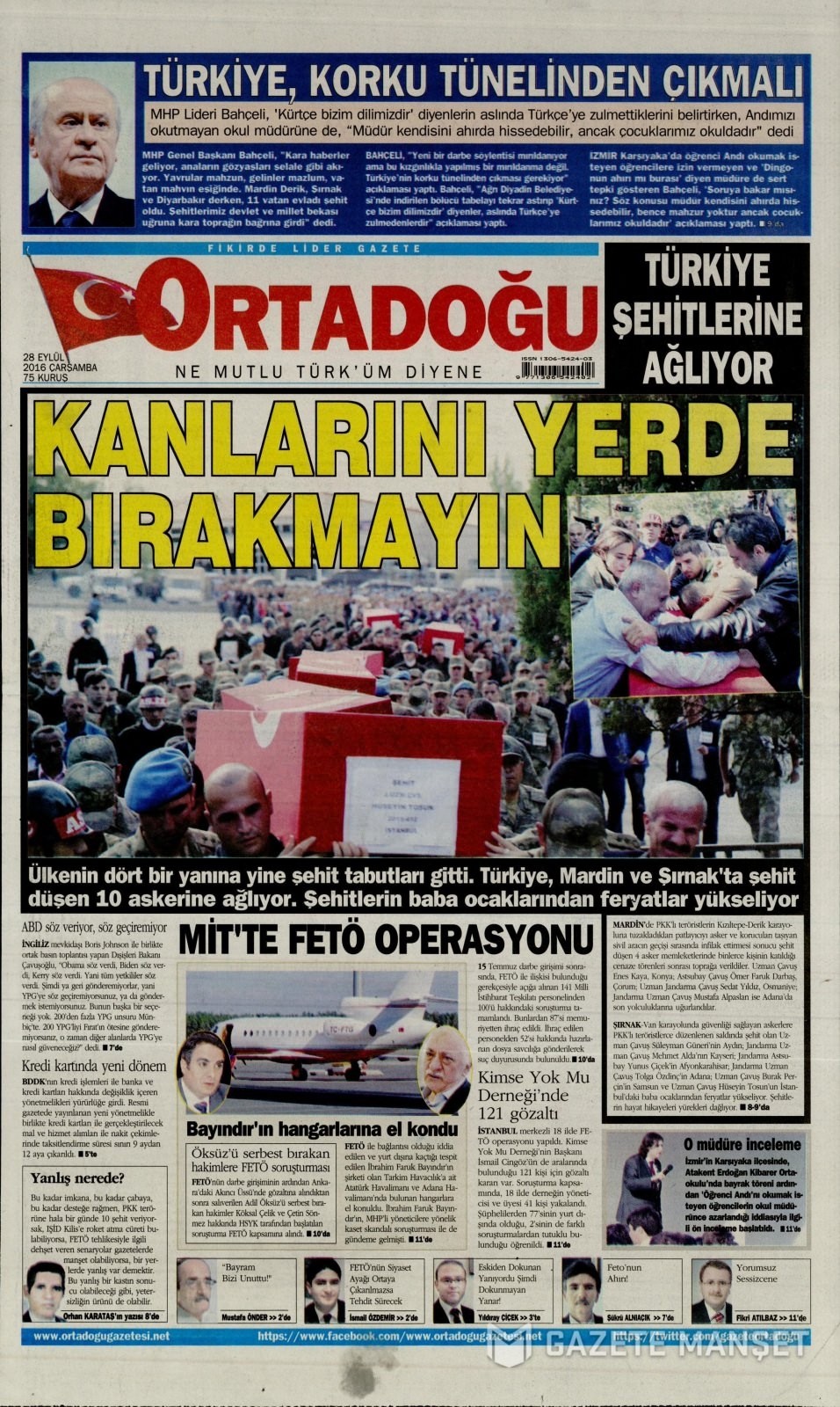 28 Eylül Çarşamba gazete manşetleri 16