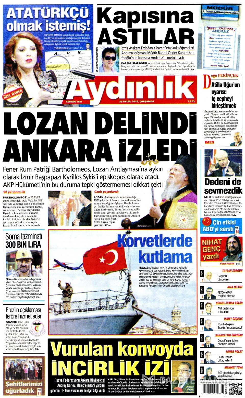 28 Eylül Çarşamba gazete manşetleri 17