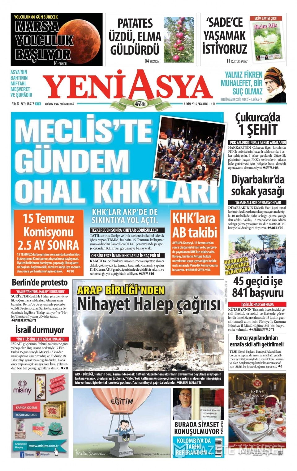 3 Ekim Pazartesi gazete manşetleri 8