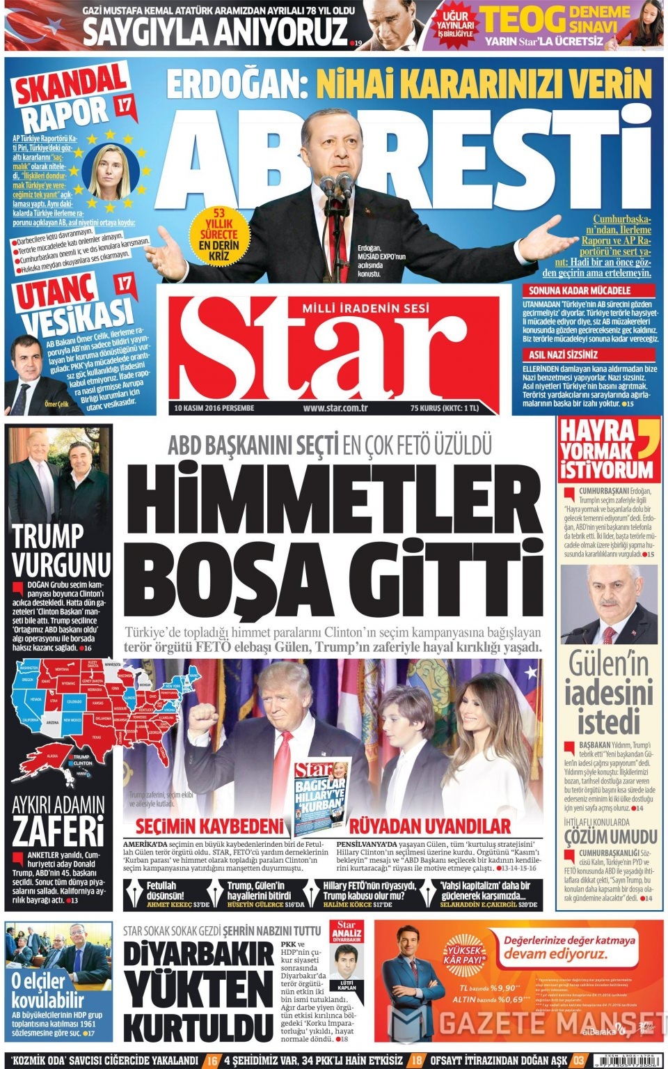 10 Kasım Perşembe gazete manşetleri 10