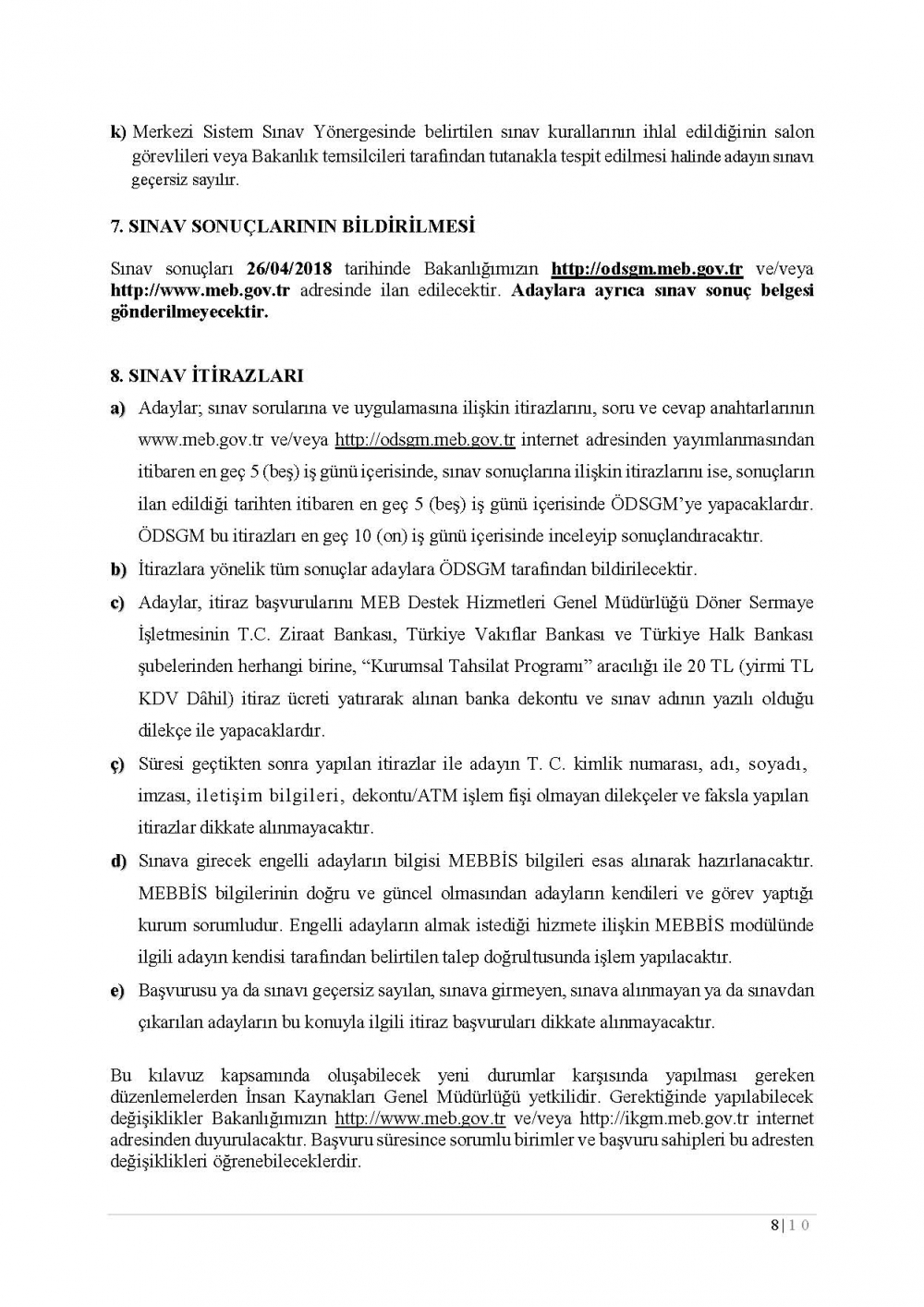 MEB Şube Müdürlüğü 2018 Sınav Kılavuzu Duyurusu 9