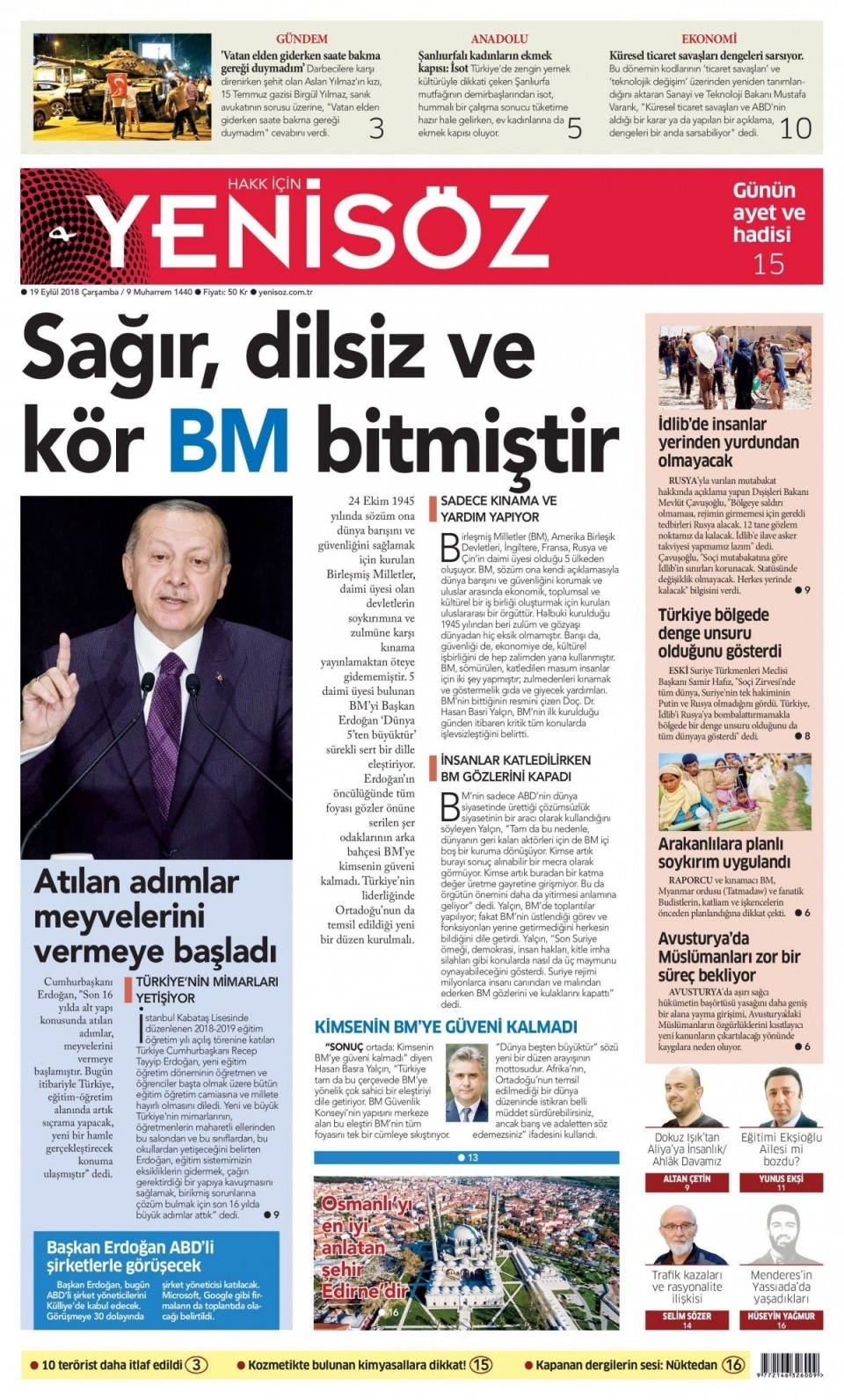 19 Eylül 2018 gazete manşetleri 19