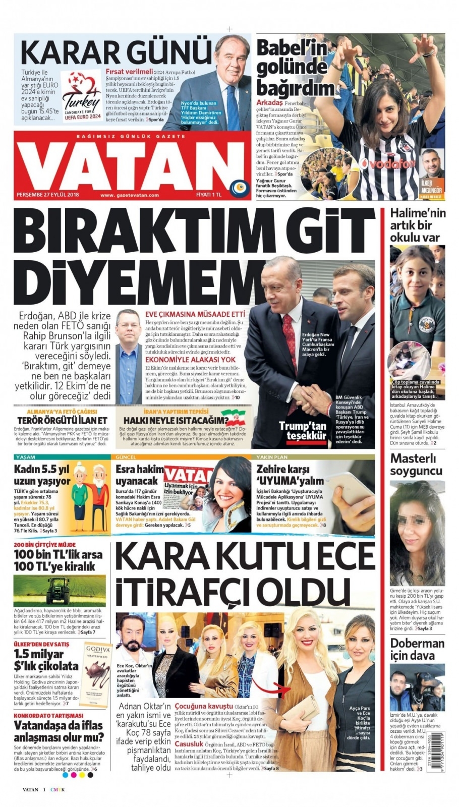 27 Eylül 2018 gazete manşetleri 12