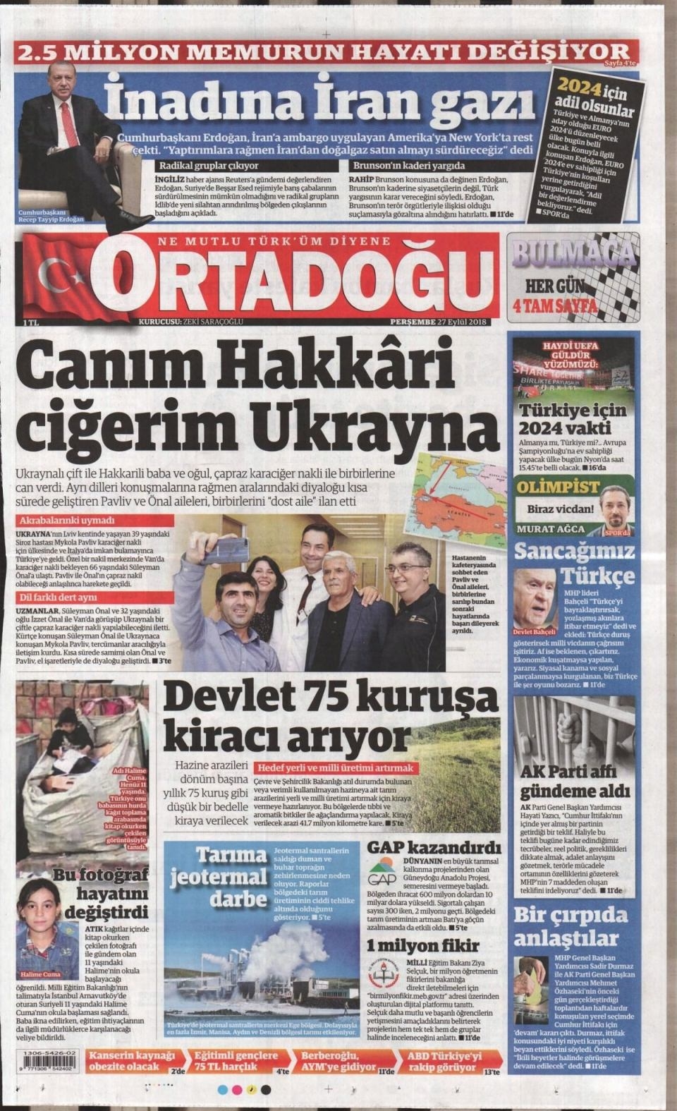 27 Eylül 2018 gazete manşetleri 15