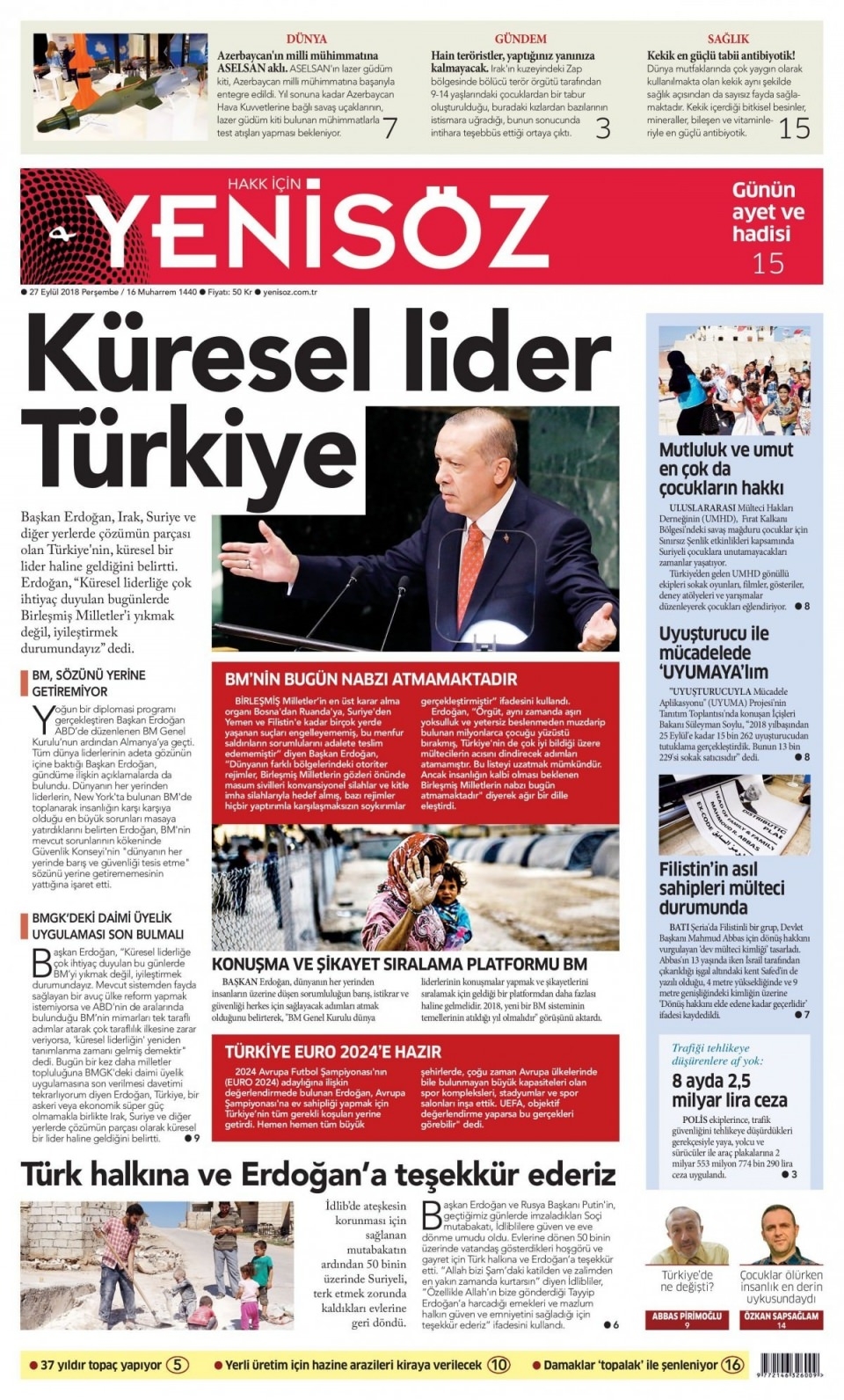 27 Eylül 2018 gazete manşetleri 19